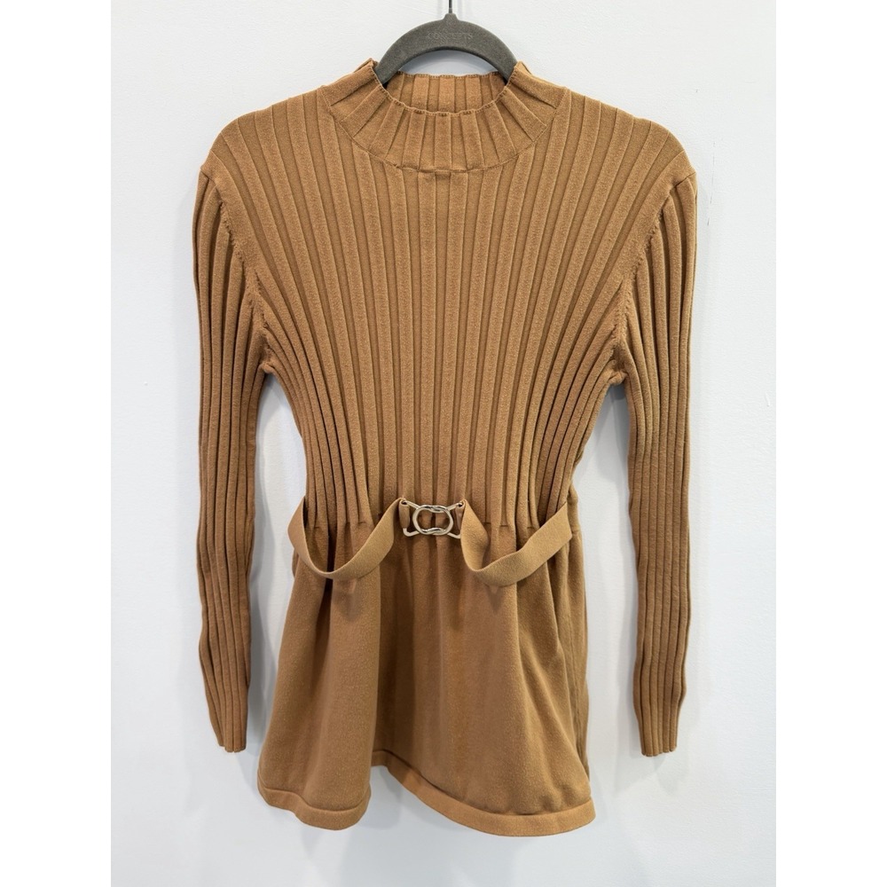 Requirements Ribbed Knit Tunic Top XL Camel Belted Long Sleeve Mock Neck Sweater
